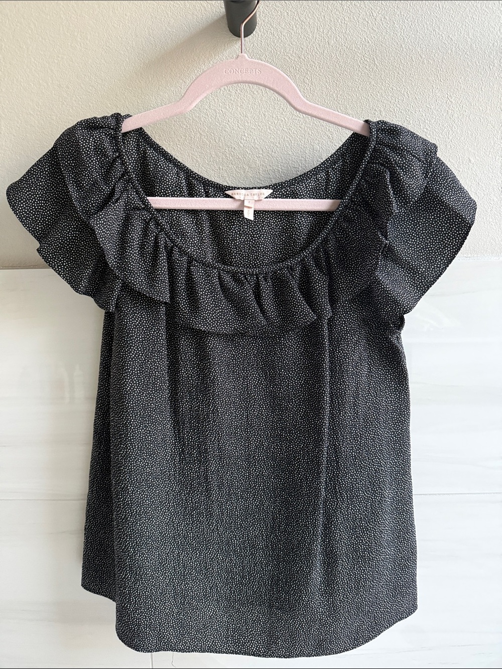 Rebecca Taylor Black Silk Micro-Print Ruffle Scoop Neck Top